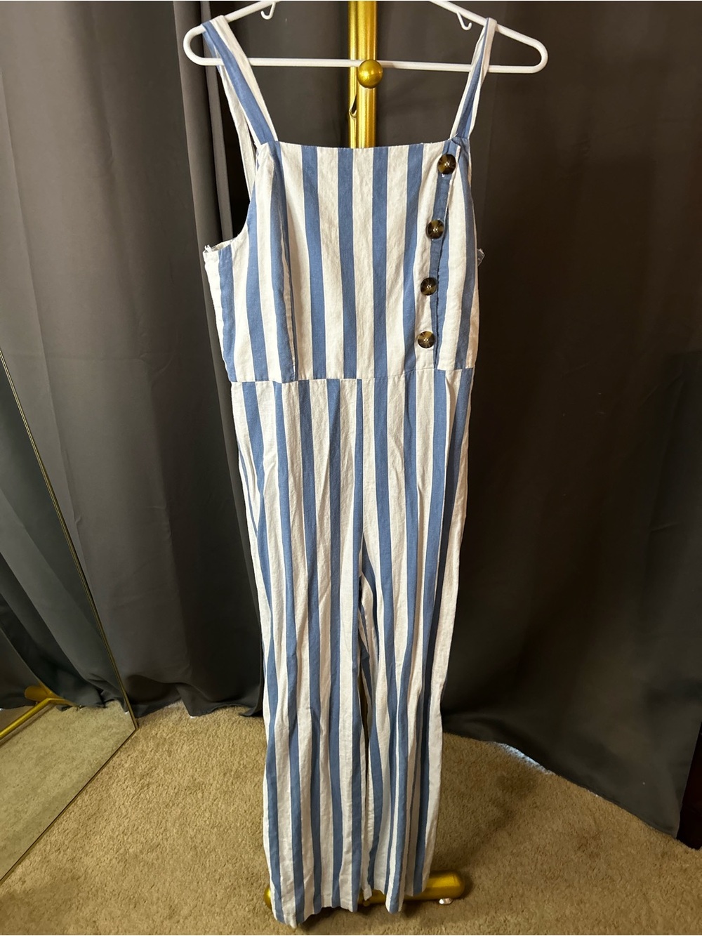 C&C California Blue & White Vertical-Striped Wide-Leg Jumpsuit